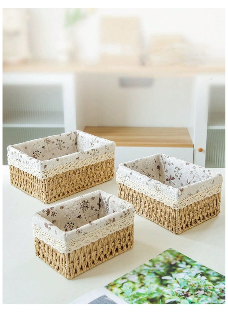 Cozy Nest - Set of 3 Eco-Friendly Handwoven Storage Baskets – Durable Rectangular Woven Bins with Sturdy Plastic Frame, Removable Fabric Lining, Decorative Macrame Design for Sundries, Toys, Books, Toiletries, and Elegant Home Organization - Beige - Image 1
