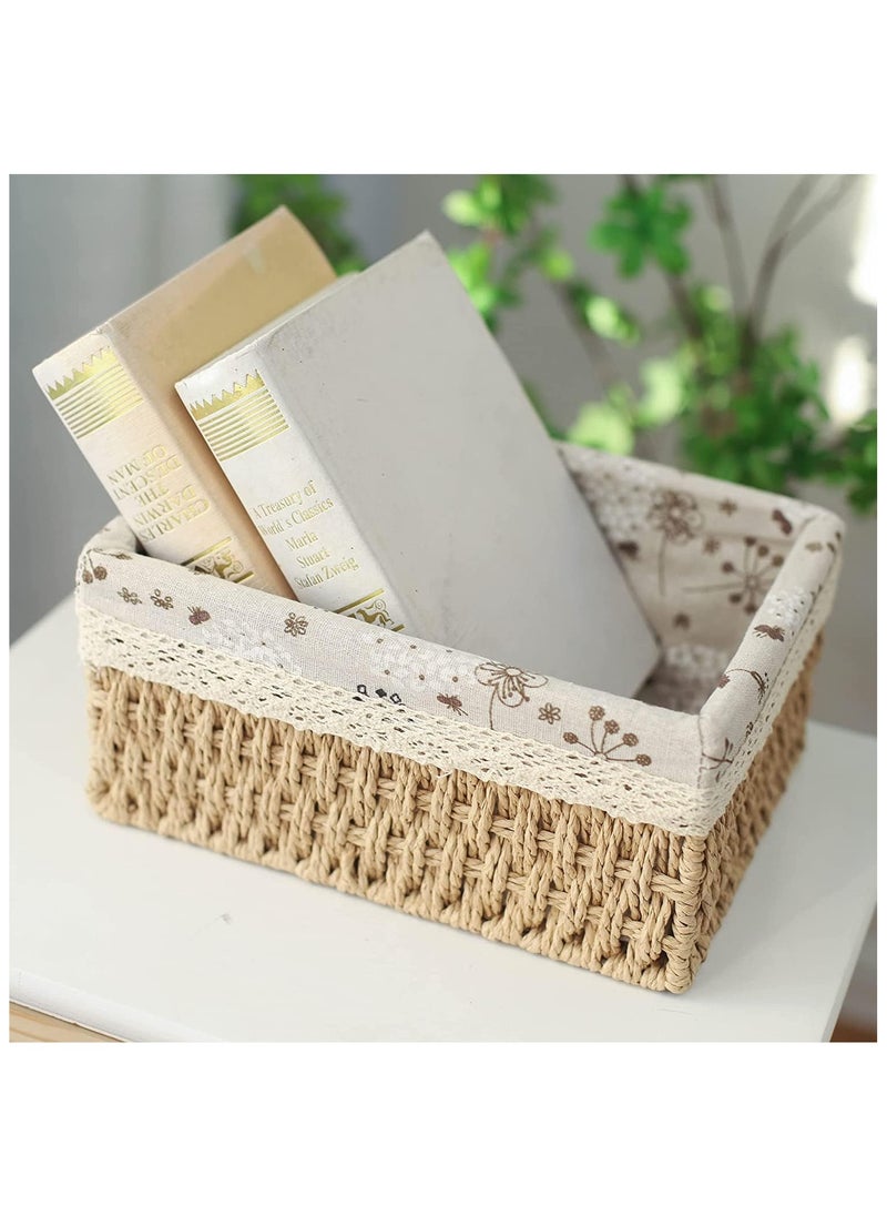 Cozy Nest - Set of 3 Eco-Friendly Handwoven Storage Baskets – Durable Rectangular Woven Bins with Sturdy Plastic Frame, Removable Fabric Lining, Decorative Macrame Design for Sundries, Toys, Books, Toiletries, and Elegant Home Organization - Beige - Image 1