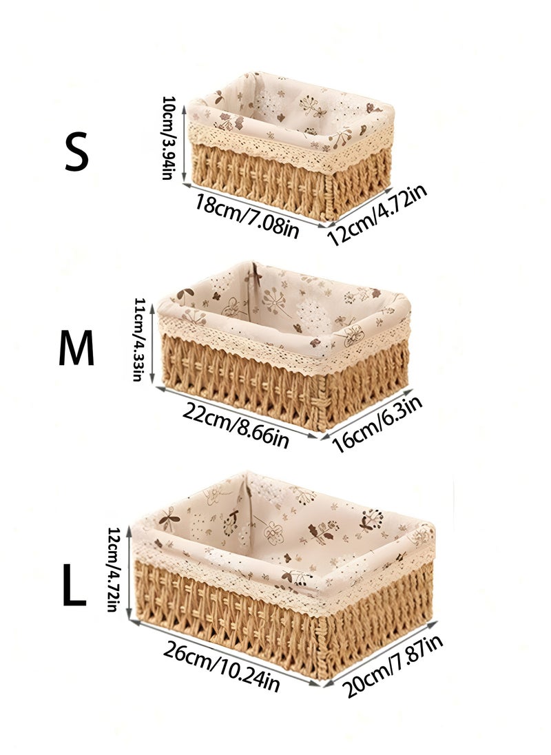 Cozy Nest - Set of 3 Eco-Friendly Handwoven Storage Baskets – Durable Rectangular Woven Bins with Sturdy Plastic Frame, Removable Fabric Lining, Decorative Macrame Design for Sundries, Toys, Books, Toiletries, and Elegant Home Organization - Beige - Image 1