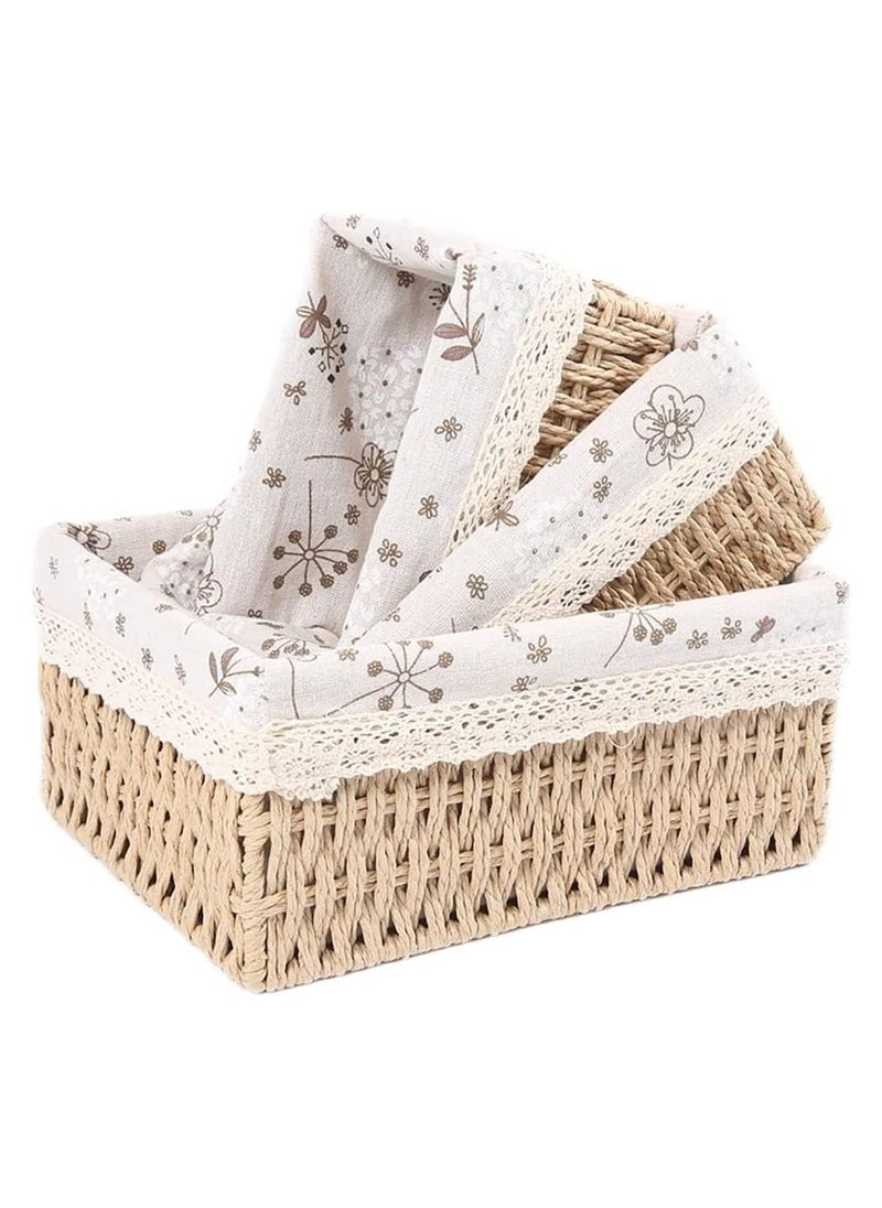 Cozy Nest - Set of 3 Eco-Friendly Handwoven Storage Baskets – Durable Rectangular Woven Bins with Sturdy Plastic Frame, Removable Fabric Lining, Decorative Macrame Design for Sundries, Toys, Books, Toiletries, and Elegant Home Organization - Beige - Image 1