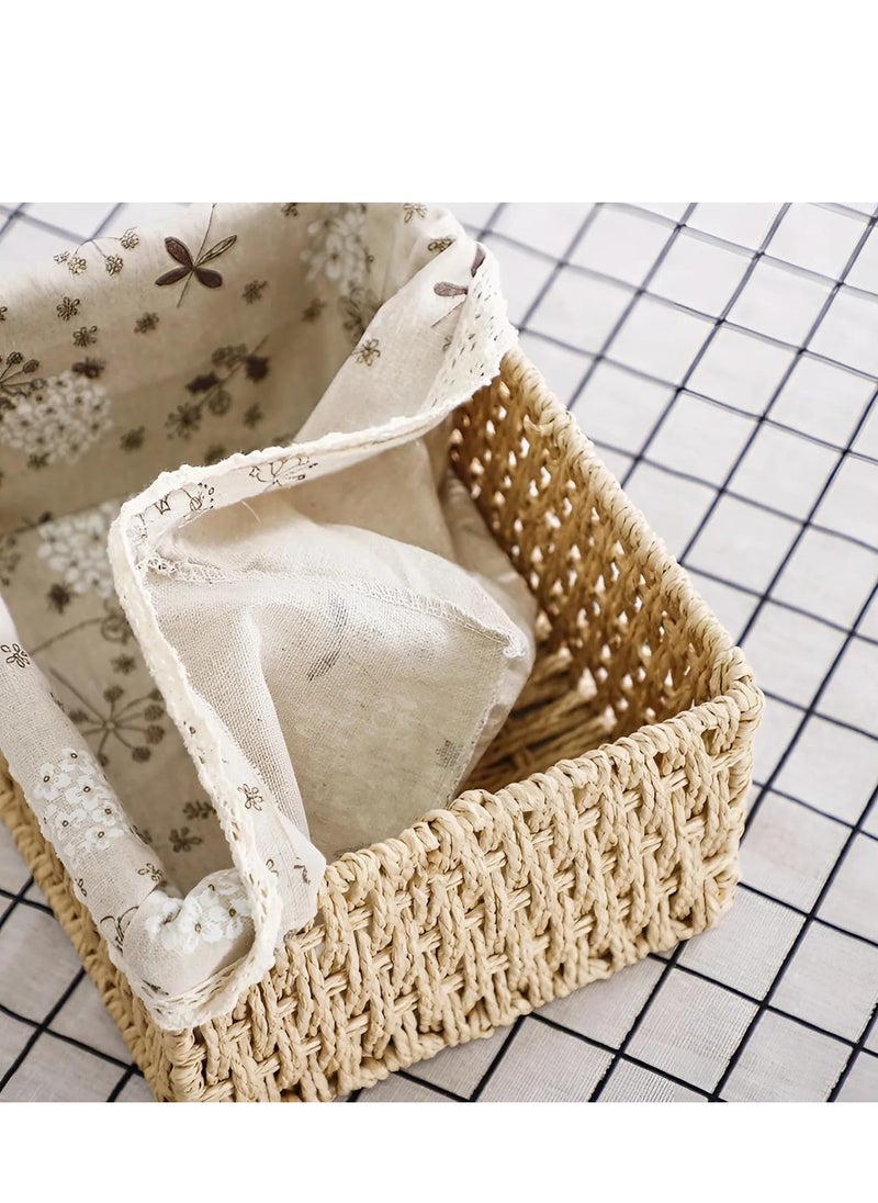 Cozy Nest - Set of 3 Eco-Friendly Handwoven Storage Baskets – Durable Rectangular Woven Bins with Sturdy Plastic Frame, Removable Fabric Lining, Decorative Macrame Design for Sundries, Toys, Books, Toiletries, and Elegant Home Organization - Beige - Image 1