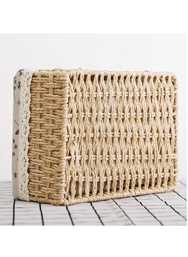 Cozy Nest - Set of 3 Eco-Friendly Handwoven Storage Baskets – Durable Rectangular Woven Bins with Sturdy Plastic Frame, Removable Fabric Lining, Decorative Macrame Design for Sundries, Toys, Books, Toiletries, and Elegant Home Organization - Beige - Image 1