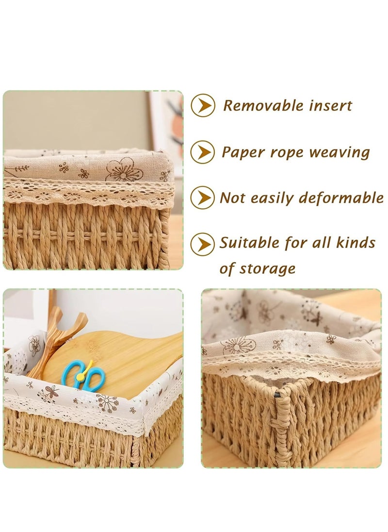 Cozy Nest - Set of 3 Eco-Friendly Handwoven Storage Baskets – Durable Rectangular Woven Bins with Sturdy Plastic Frame, Removable Fabric Lining, Decorative Macrame Design for Sundries, Toys, Books, Toiletries, and Elegant Home Organization - Beige - Image 1