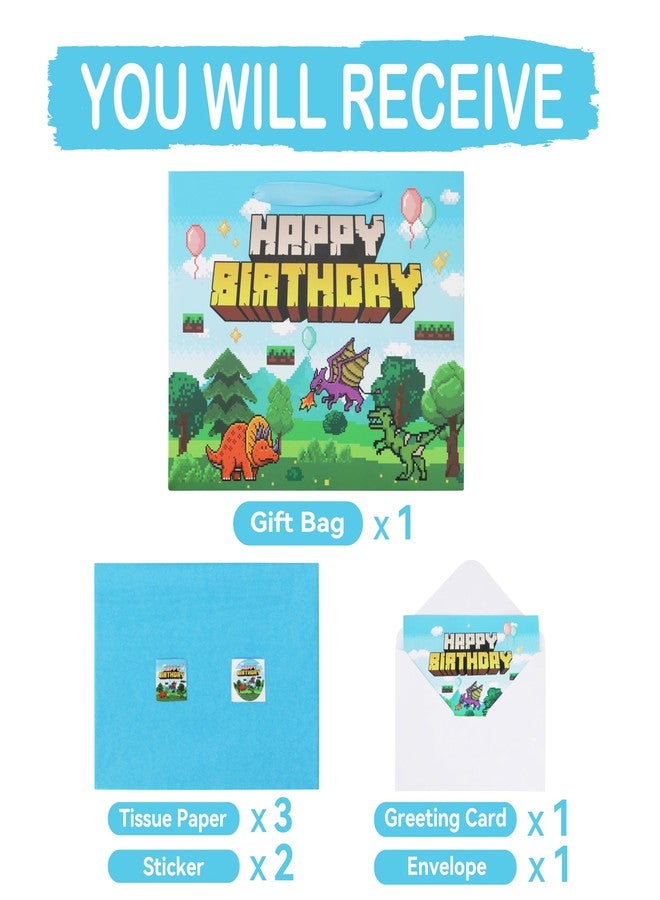 wishinside 13'' Large Pixel Birthday Gift Bag Set with Handles, Greeting Card, Blue Tissue Papers and Stickers for Boys Kids Teens Men for Birthday, Animation Party, Boy's Party, Baby Shower, Dinosaur Design, 1 Pcs - Image 3