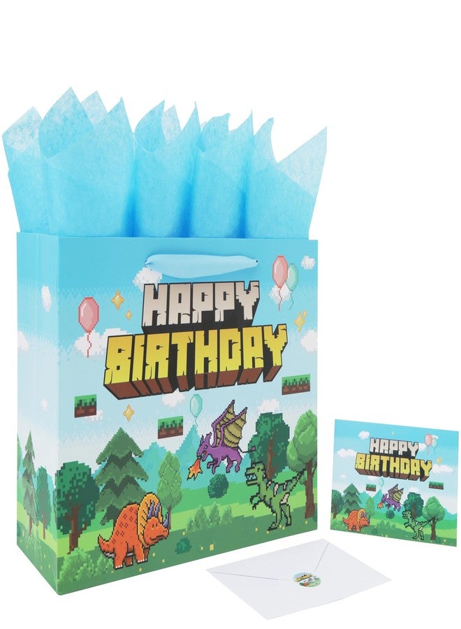 wishinside 13'' Large Pixel Birthday Gift Bag Set with Handles, Greeting Card, Blue Tissue Papers and Stickers for Boys Kids Teens Men for Birthday, Animation Party, Boy's Party, Baby Shower, Dinosaur Design, 1 Pcs - Image 1