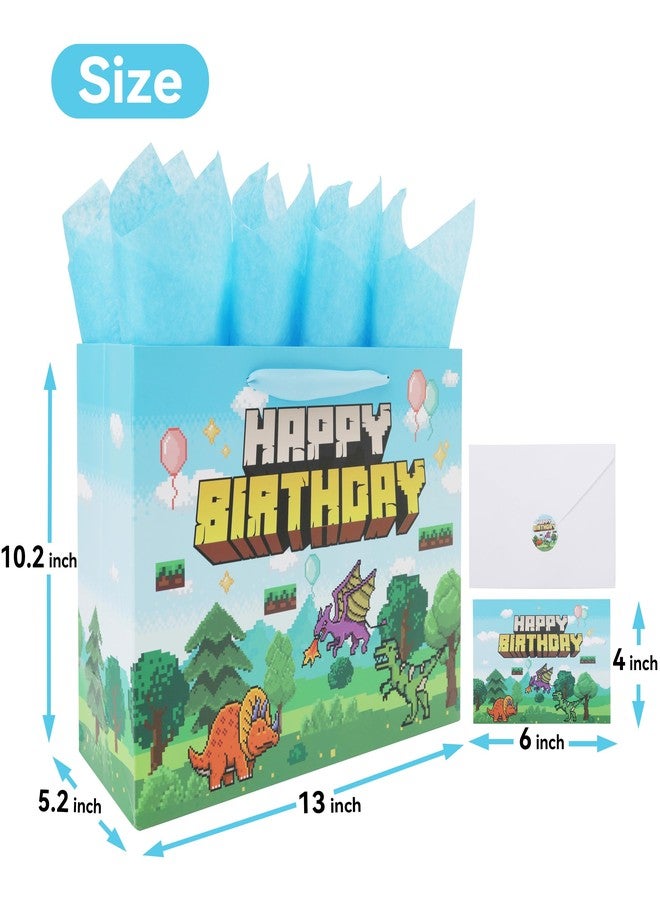 wishinside 13'' Large Pixel Birthday Gift Bag Set with Handles, Greeting Card, Blue Tissue Papers and Stickers for Boys Kids Teens Men for Birthday, Animation Party, Boy's Party, Baby Shower, Dinosaur Design, 1 Pcs - Image 2