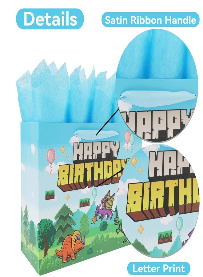 wishinside 13'' Large Pixel Birthday Gift Bag Set with Handles, Greeting Card, Blue Tissue Papers and Stickers for Boys Kids Teens Men for Birthday, Animation Party, Boy's Party, Baby Shower, Dinosaur Design, 1 Pcs - Image 4