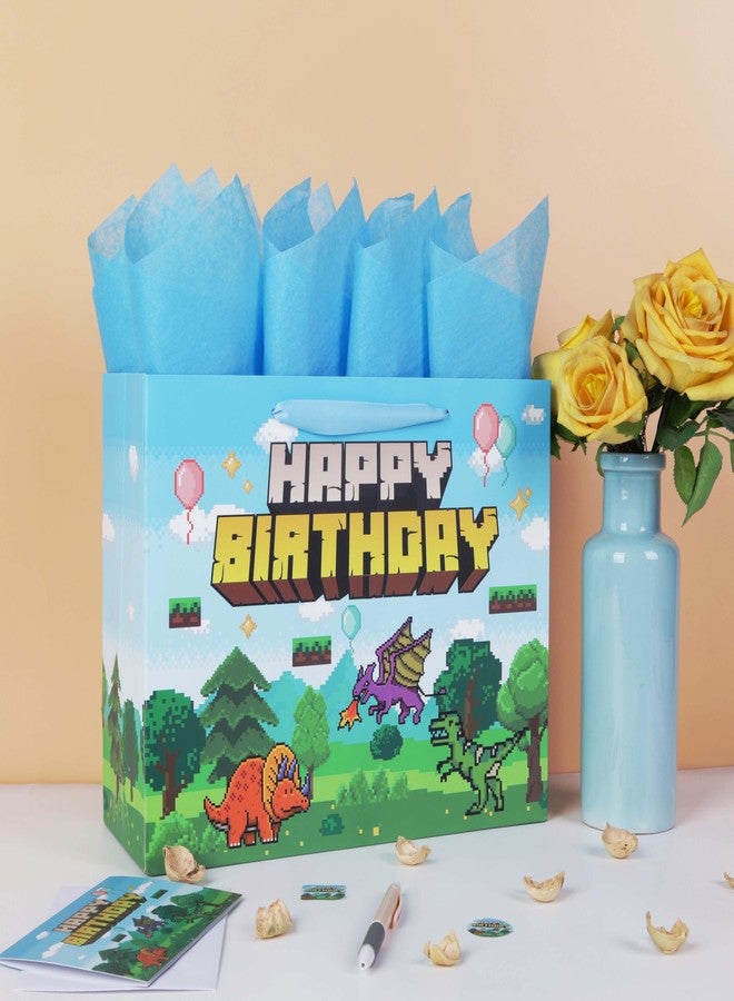 wishinside 13'' Large Pixel Birthday Gift Bag Set with Handles, Greeting Card, Blue Tissue Papers and Stickers for Boys Kids Teens Men for Birthday, Animation Party, Boy's Party, Baby Shower, Dinosaur Design, 1 Pcs - Image 5