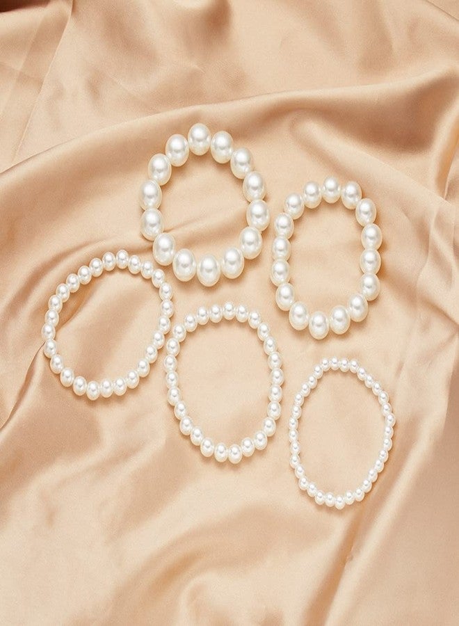 YangQian Layered Pearl Stretch Bracelets Set for Women Stackable Bracelets for Ladies Multi Layer costume Pearl Bracelet Wedding Bracelets for Bridesmaids Brides Bridal Bracelet 5 Pcs - Image 3