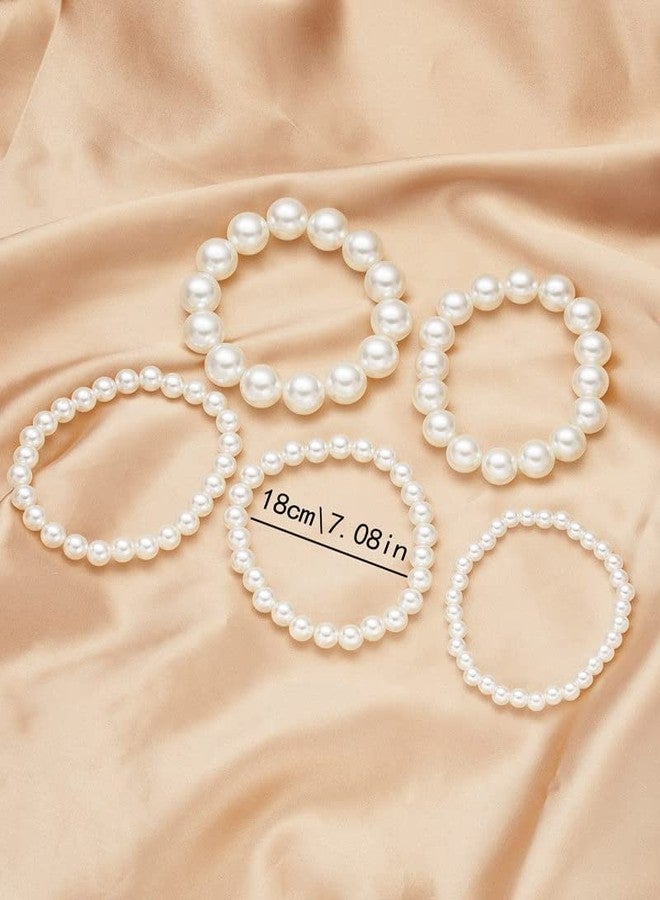 YangQian Layered Pearl Stretch Bracelets Set for Women Stackable Bracelets for Ladies Multi Layer costume Pearl Bracelet Wedding Bracelets for Bridesmaids Brides Bridal Bracelet 5 Pcs - Image 2