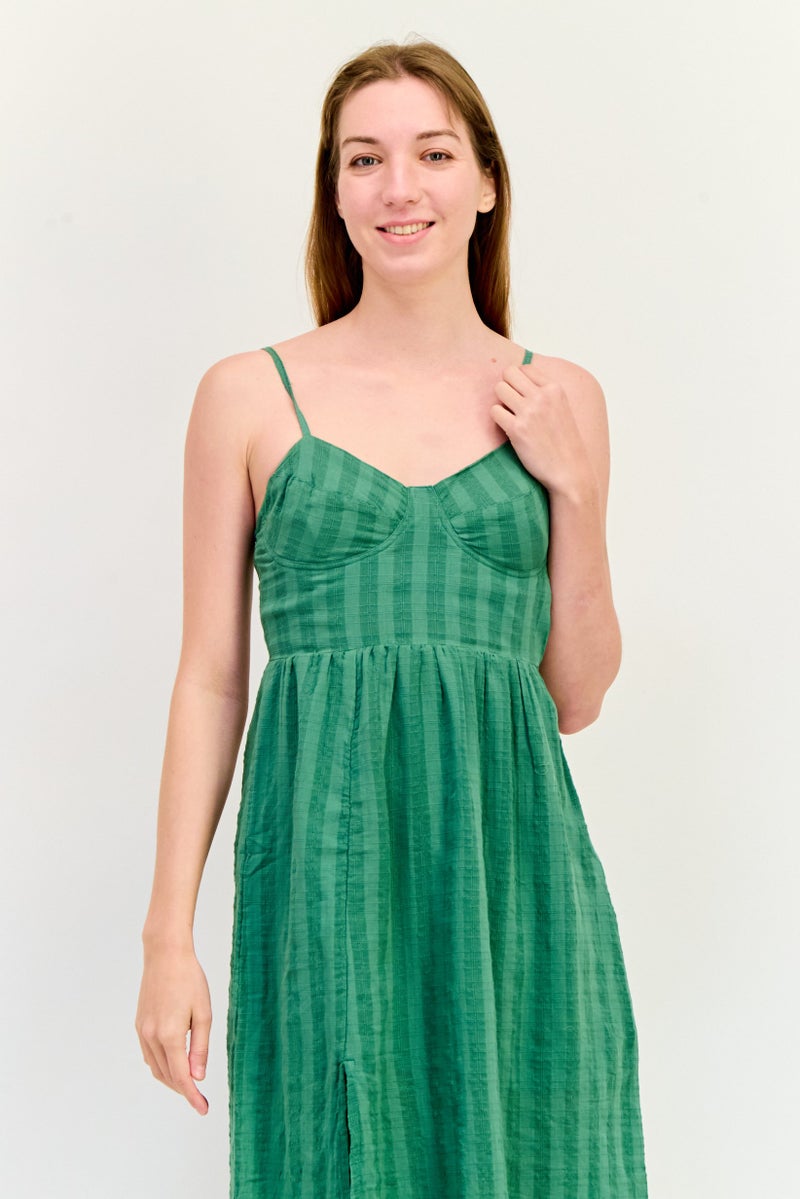 BRAVE SOUL Women Textured Casual Midi Dress, Green - Image 4