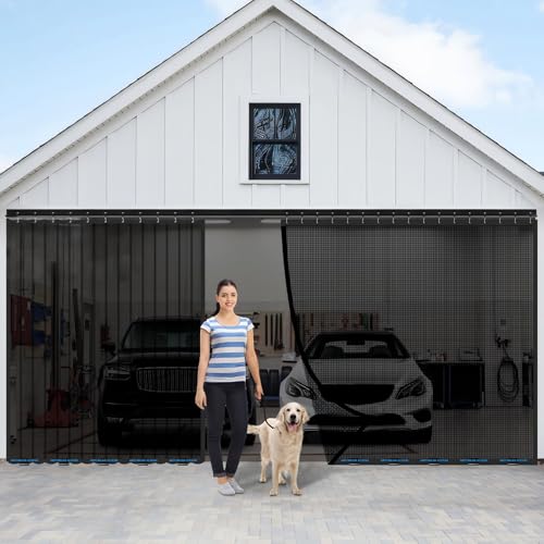 VOOI Sliding Garage Door Screen 16x7FT for 2 Car Garage Doors Fiberglass 4250g94 lb Durable Heavy Duty Mesh Retractable Garage Door Screen for Patio Outdoor Black 16 7FT - Image 1