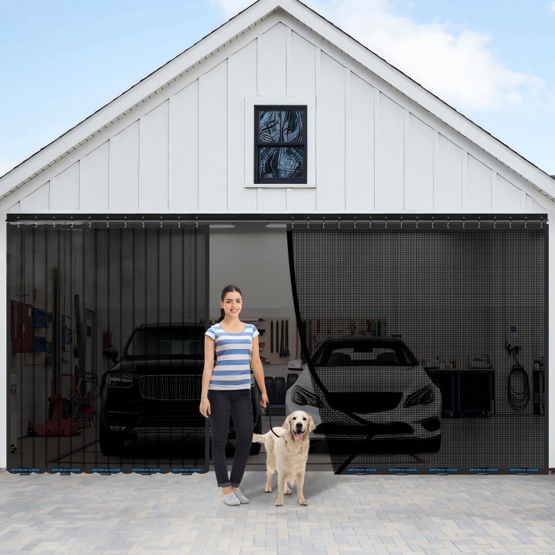 VOOI Sliding Garage Door Screen 16x7FT for 2 Car Garage Doors Fiberglass 4250g94 lb Durable Heavy Duty Mesh Retractable Garage Door Screen for Patio Outdoor Black 16 7FT - Image 2
