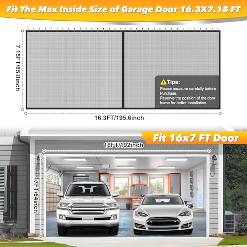 VOOI Sliding Garage Door Screen 16x7FT for 2 Car Garage Doors Fiberglass 4250g94 lb Durable Heavy Duty Mesh Retractable Garage Door Screen for Patio Outdoor Black 16 7FT - Image 3