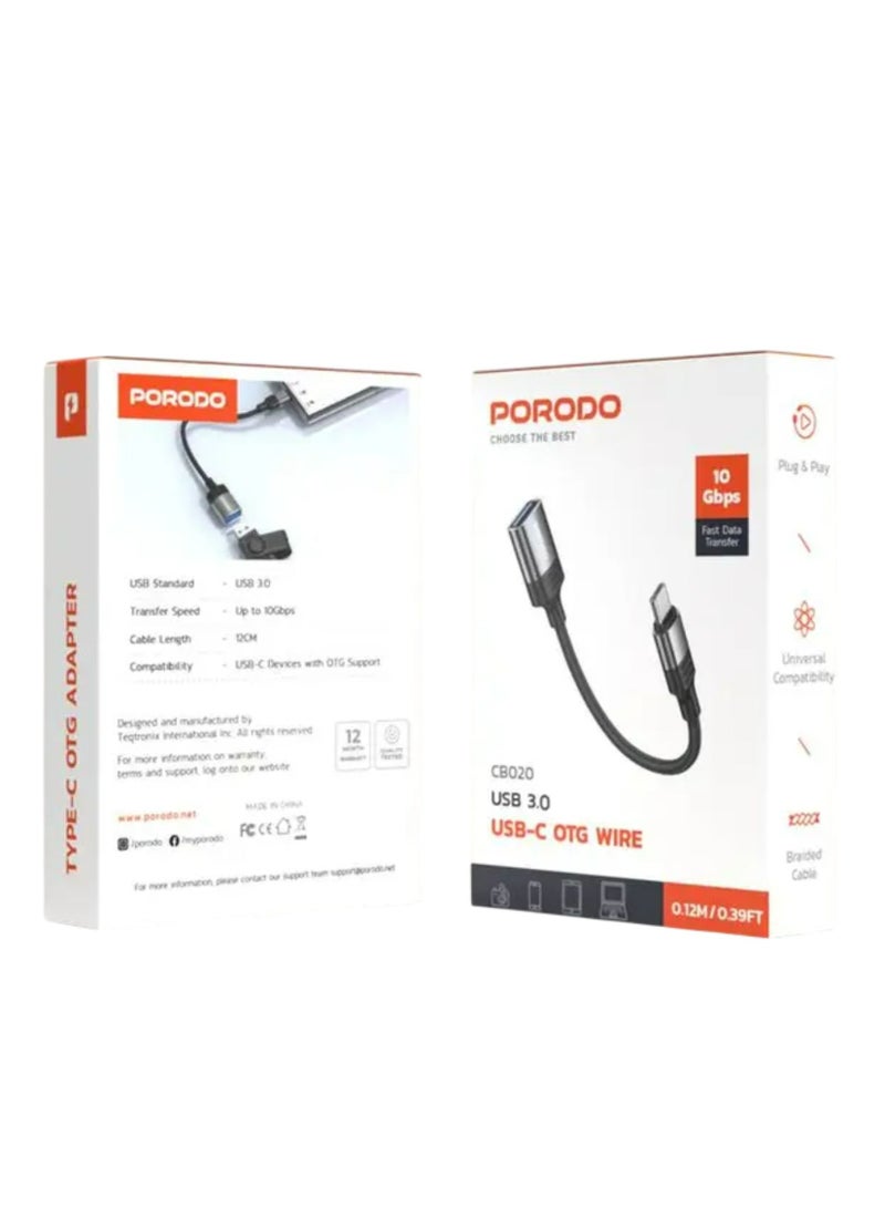 porodo USB C OTG Wire, 12cm Cable Length, Braided Cable, USB 3.0, Universal Compatibility, Up to 10Gbps Fast Data Transfer Speed, Plug & Play, - Black  - Image 3
