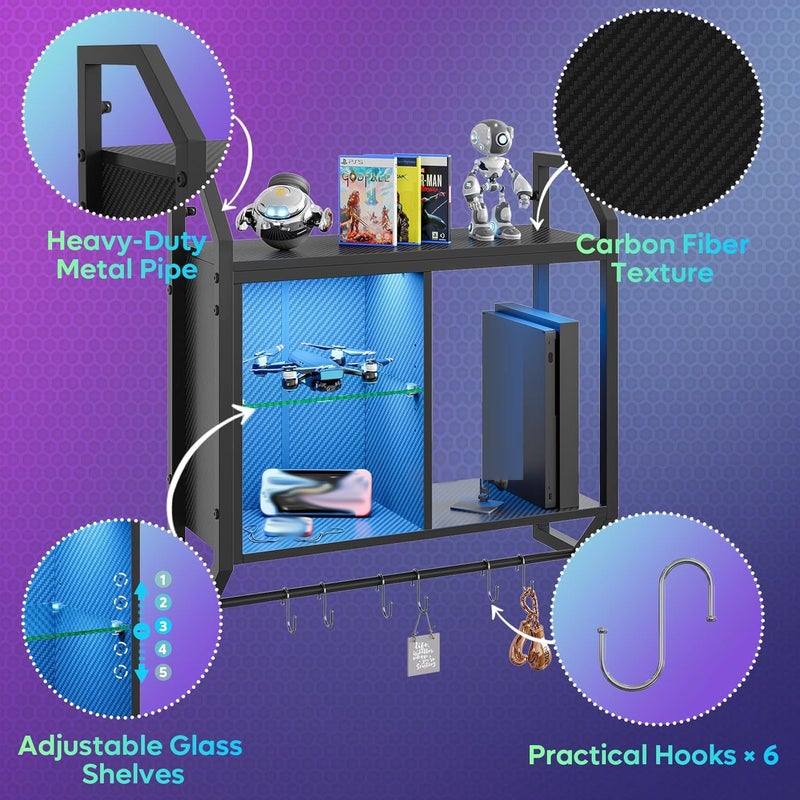 Bestier 25" LED Gaming Floating Shelves for Wall, Wall Mounted Shelf Pipe Adjustable Glass Shelves, Hanging Display Rack with 6 S-Hooks Towel Bar, Gaming Room Decor Shelf, Carbon Fiber Black - Image 4