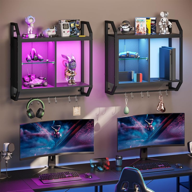 Bestier 25" LED Gaming Floating Shelves for Wall, Wall Mounted Shelf Pipe Adjustable Glass Shelves, Hanging Display Rack with 6 S-Hooks Towel Bar, Gaming Room Decor Shelf, Carbon Fiber Black - Image 2