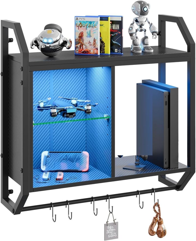 Bestier 25" LED Gaming Floating Shelves for Wall, Wall Mounted Shelf Pipe Adjustable Glass Shelves, Hanging Display Rack with 6 S-Hooks Towel Bar, Gaming Room Decor Shelf, Carbon Fiber Black - Image 1