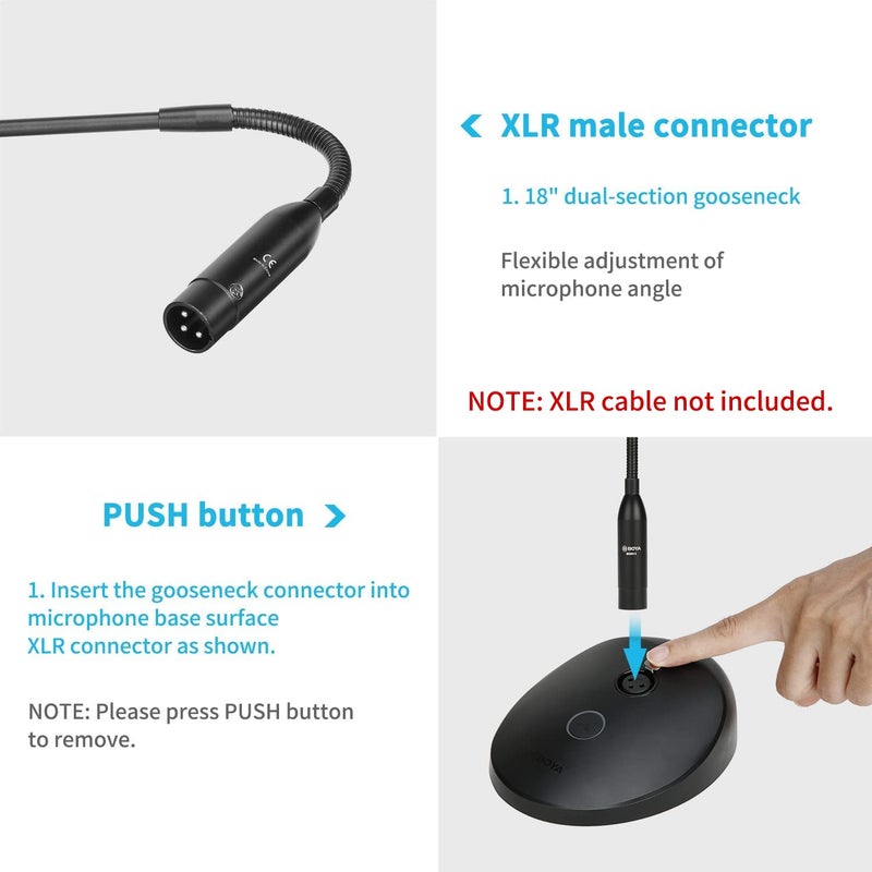 BOYA Desktop Gooseneck Condenser Microphone 18" Podium Microphones with Base LED Indicator XLR Mic for Meetings Video Conferences Streaming Lectures BY-GM18CB - Image 4