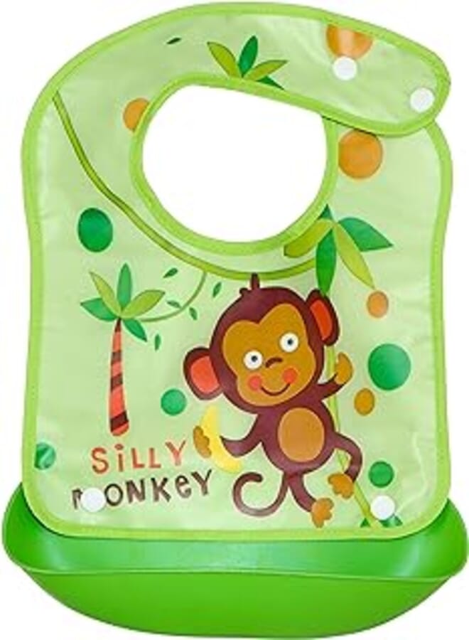 Mix and Max Mix&Max Baby Bib With Silicone Pocket Printed Monkey For Unisex-Green