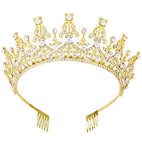 Vofler Tiaras and Crowns for Women Queen Gold Crystal Rhinestone Hair Jewelry Decor for Ladies Little Girls Bridal Bride Princess Birthday Wedding Pageant Prom Halloween Costume Party with Combs - Image 1