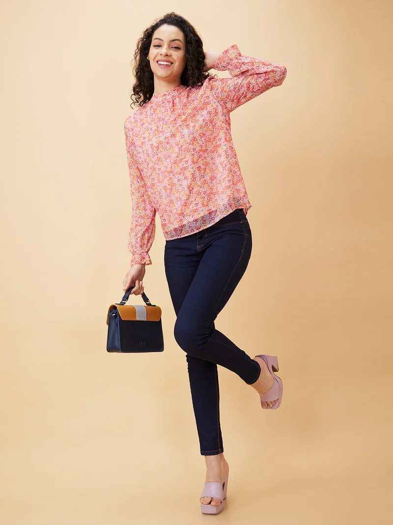 globus Women Orange Floral Printed High Neck Gathered Detailed Regular Top