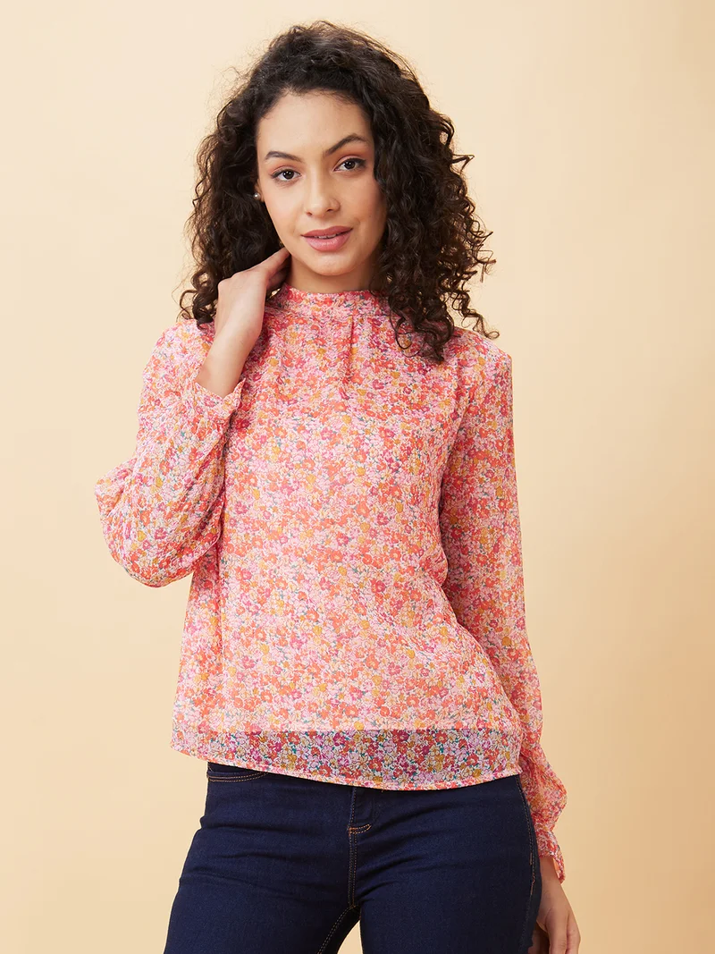 globus Women Orange Floral Printed High Neck Gathered Detailed Regular Top
