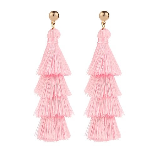 BaubleStar Fashion Tassel Dangle Earrings for Women Layered Long Bonita Tiered Pink Thread Tassel Drop Statement Jewelry - Image 4