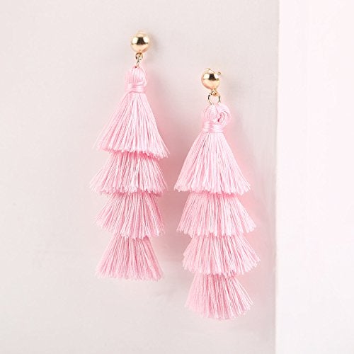 BaubleStar Fashion Tassel Dangle Earrings for Women Layered Long Bonita Tiered Pink Thread Tassel Drop Statement Jewelry - Image 5
