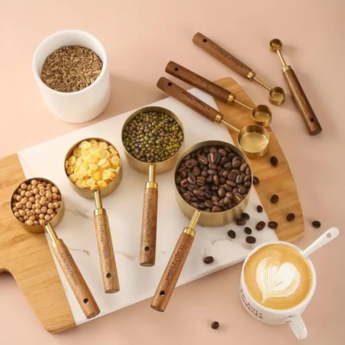 SEMITO 8Pcs Stainless Steel Copper Coated Measuring Cups and Spoons Set with Walnut Wood Handle for Dry, Liquid Ingredients Cooking Baking (Measuring Spoon and Cups) Set of 1 - Image 5