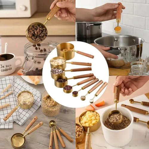 SEMITO 8Pcs Stainless Steel Copper Coated Measuring Cups and Spoons Set with Walnut Wood Handle for Dry, Liquid Ingredients Cooking Baking (Measuring Spoon and Cups) Set of 1 - Image 3