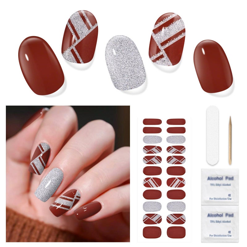 DUKASOU DUKASOU Gel Nail Strips for Women(No UV Light Needed), 22Pcs Rouge Gel Nail Stickers Kit, Gel Nail Wraps Fit for Home Travel Party Wedding, Includes Prep Pads, Nail File & Wood Stick