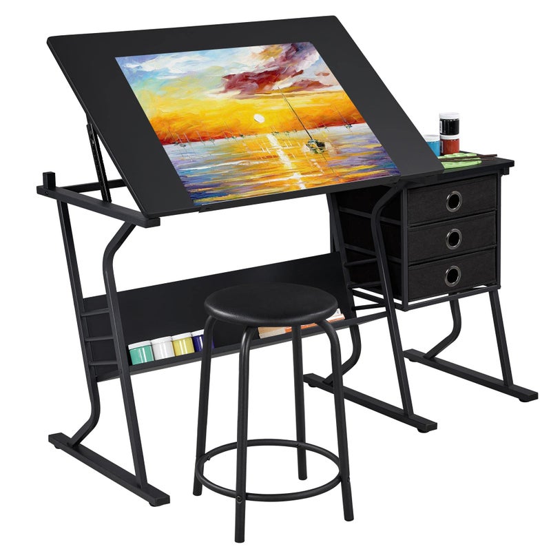 Yaheetech Drafting Table for AdultsArtists Drawing Desk Tabletop Adjustable ArtCraft Desk with Stool and 3 Slide Drawers Sketching Painting Artwork Station for Art Studio Home Office School