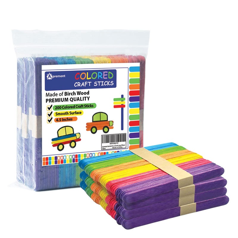 Apremont 200 pcs Colored Wooden Craft Sticks Popsicle Stick Arts and Crafts Best for DIY Games Making Building Designs or Kids Education 45 inch Long 45 Inches Mixed Colors
