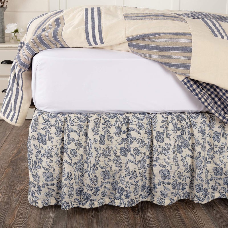 Piper Classics Piper Classics Doylestown Queen Size Floral Bed Skirt w 16 Drop Blue  Cream Gathered Dust Ruffle Country Cottage Vintage Farmhouse Bedroom Dcor 
