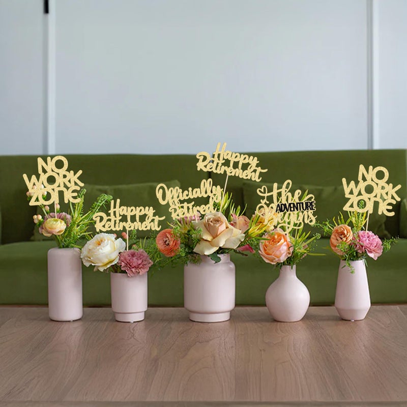 Ephlyn 16Pcs Happy Retirement Centerpiece Sticks Officially Retired Table Flower Centerpieces Sticks No Work Zone Floral Decorations for Farewell Birthday Party Centerpieces Supplies Gold - Image 3