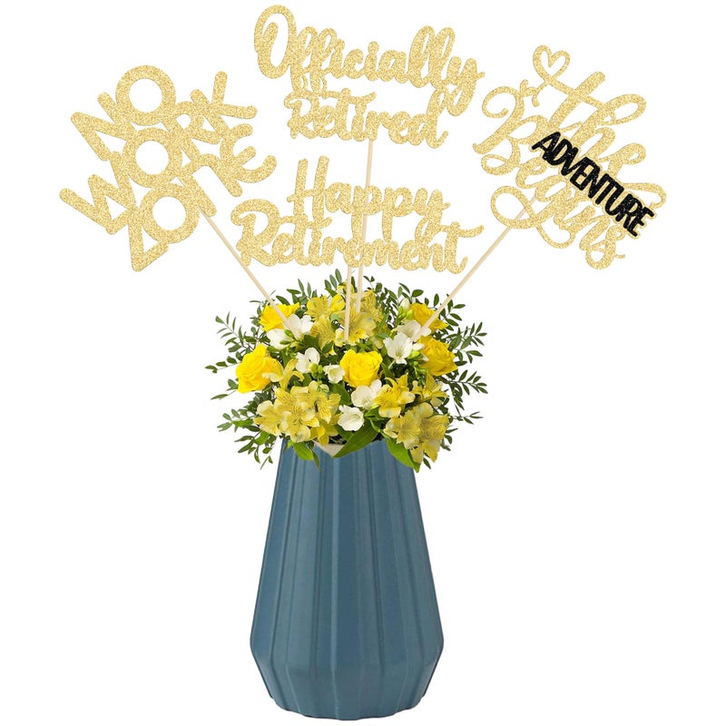 Ephlyn 16Pcs Happy Retirement Centerpiece Sticks Officially Retired Table Flower Centerpieces Sticks No Work Zone Floral Decorations for Farewell Birthday Party Centerpieces Supplies Gold - Image 1