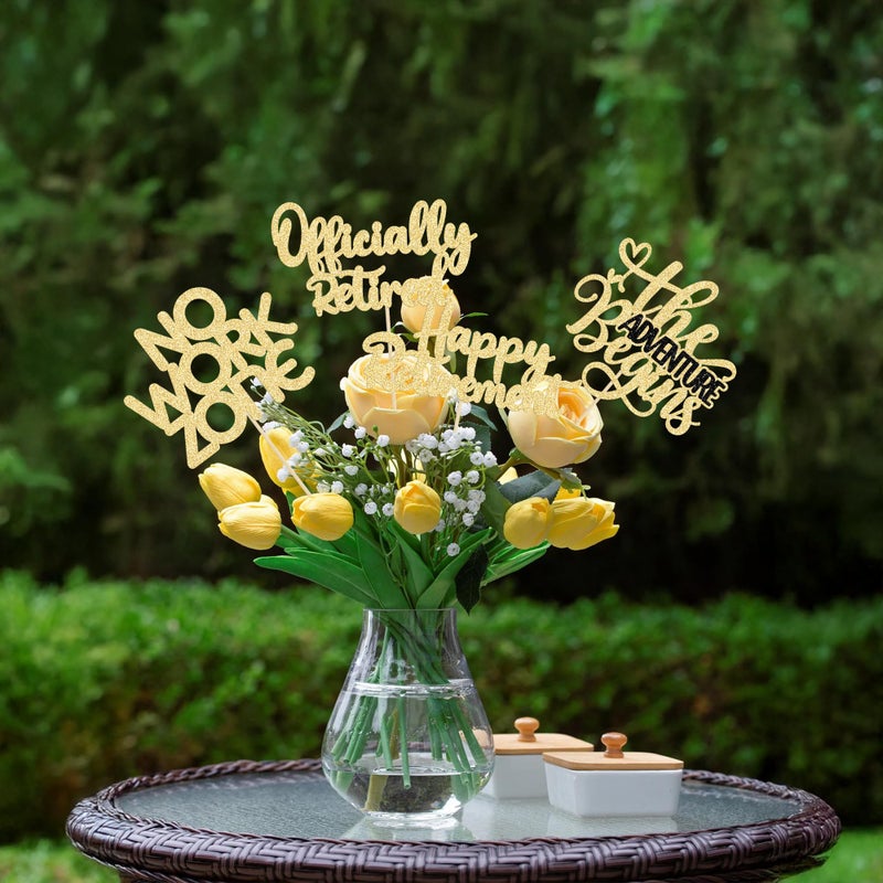 Ephlyn 16Pcs Happy Retirement Centerpiece Sticks Officially Retired Table Flower Centerpieces Sticks No Work Zone Floral Decorations for Farewell Birthday Party Centerpieces Supplies Gold - Image 2
