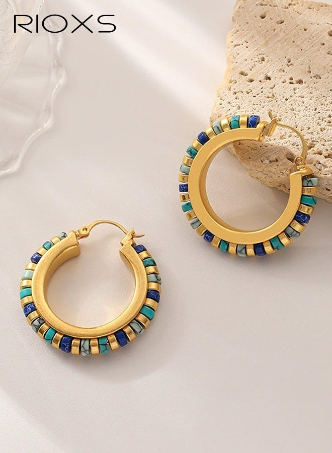 ريوكس أقراط حلقات تركواز عتيقة للنساء، أقراط حجرية طبيعية رقيقة للسيدات، أقراط حلقات متوسطة مطلية بالذهب عيار 18 قيراط، أقراط أحجار كريمة من بوهيميا بيدز، مجوهرات مصنوعة يدويًا للصيف والشاطئ والسفر والفساتين الهاوايية - Image 4