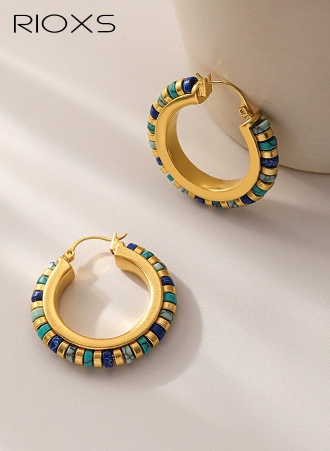 ريوكس أقراط حلقات تركواز عتيقة للنساء، أقراط حجرية طبيعية رقيقة للسيدات، أقراط حلقات متوسطة مطلية بالذهب عيار 18 قيراط، أقراط أحجار كريمة من بوهيميا بيدز، مجوهرات مصنوعة يدويًا للصيف والشاطئ والسفر والفساتين الهاوايية - Image 3