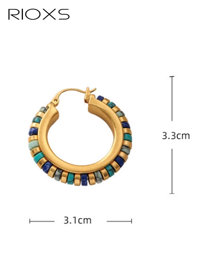 ريوكس أقراط حلقات تركواز عتيقة للنساء، أقراط حجرية طبيعية رقيقة للسيدات، أقراط حلقات متوسطة مطلية بالذهب عيار 18 قيراط، أقراط أحجار كريمة من بوهيميا بيدز، مجوهرات مصنوعة يدويًا للصيف والشاطئ والسفر والفساتين الهاوايية - Image 5