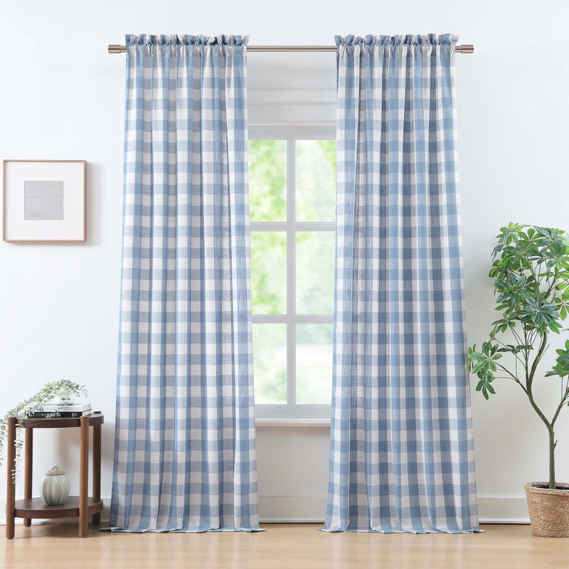Bapawfish Buffalo Plaid Semi Sheer Curtains 84 Inches Long,Beige-Dusty Blue Buffalo Check Drapes for Bedroom Living Room,Farmhouse Gingham Window Treatment,Rod Pocket,40" Wx84 Lx2,Beige-Dusty Blue - Image 1