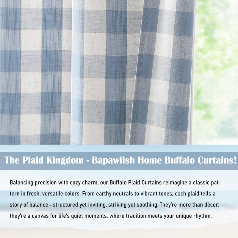 Bapawfish Buffalo Plaid Semi Sheer Curtains 84 Inches Long,Beige-Dusty Blue Buffalo Check Drapes for Bedroom Living Room,Farmhouse Gingham Window Treatment,Rod Pocket,40" Wx84 Lx2,Beige-Dusty Blue - Image 3
