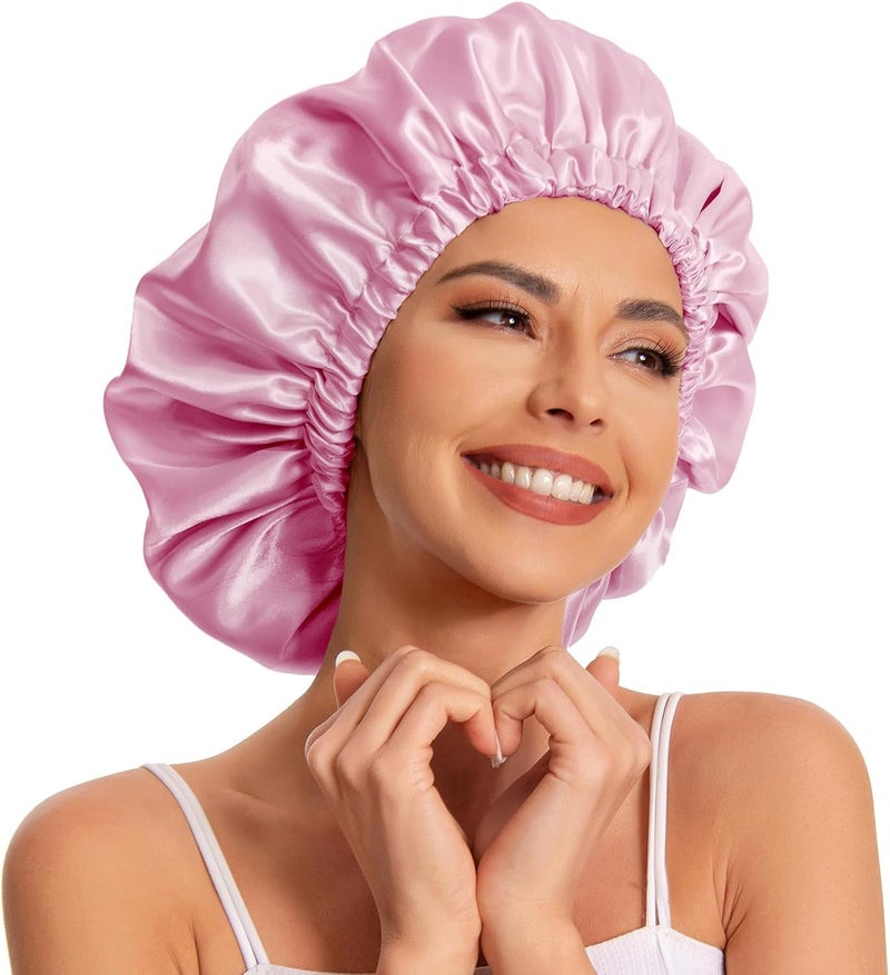 Edoneery Satin Bonnet Silk Hair Bonnet for Sleeping - Slouchy Beanie Hat Satin Sleep Cap for Women's Natural & Curly Hair (Dark Pink) - Image 1