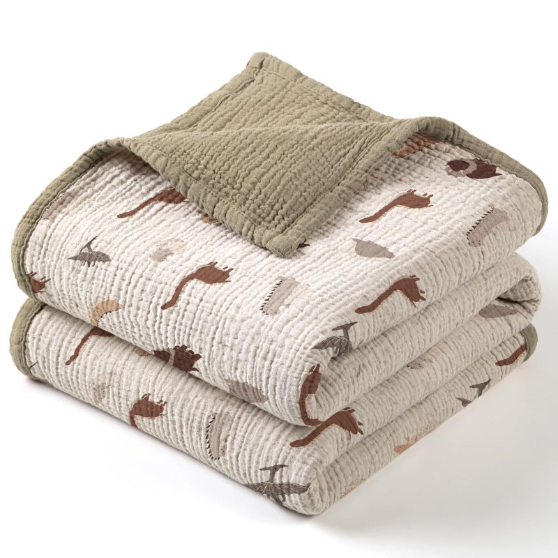 Lulu moon lulumoon Muslin Baby Blanket for Boy- Cotton Quilt Blankets for Toddlers - Reversible Crib Blanket for Nursery Daycare 47"x47"(Olive Dinosaur) - Image 1