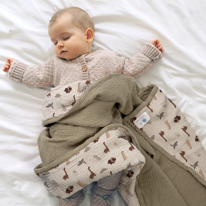 Lulu moon lulumoon Muslin Baby Blanket for Boy- Cotton Quilt Blankets for Toddlers - Reversible Crib Blanket for Nursery Daycare 47"x47"(Olive Dinosaur) - Image 2