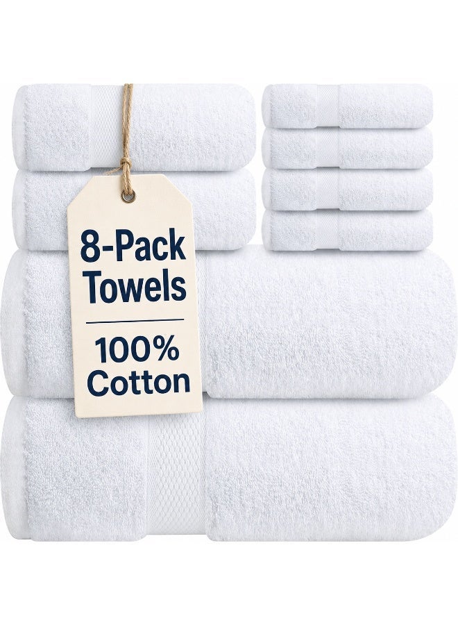 Safi Plus Towel Set 8-Pack Premium 100% Combed Cotton Super soft & Absorbent Lightweight White Towel Set - 2 Bath Towels, 2 Hand Towels, 4 Washcloths Luxury Hotel Quality Bathroom Towels - Image 1