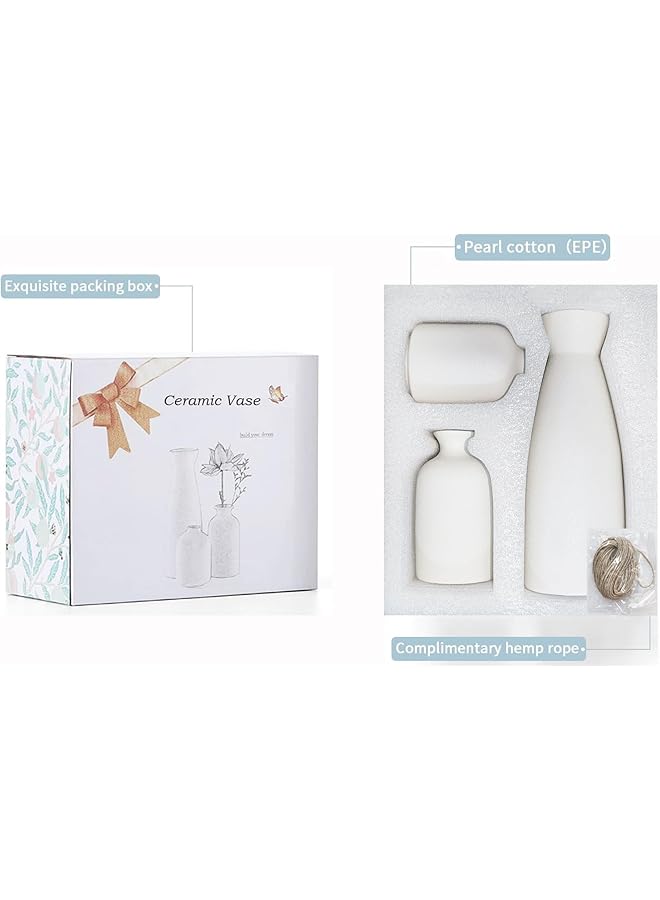 إيروريكس مجموعة مزهريات سيراميك مكونة من 3 مزهريات زهور صغيرة للديكور المنزلي الريفي الحديث، مزهرية ديكور للمنزل الحديث لعشب البامباس والزهور المجففة، فكرة رف للطاولة ورف الكتب وديكور المدخل باللون الأبيض - Image 3