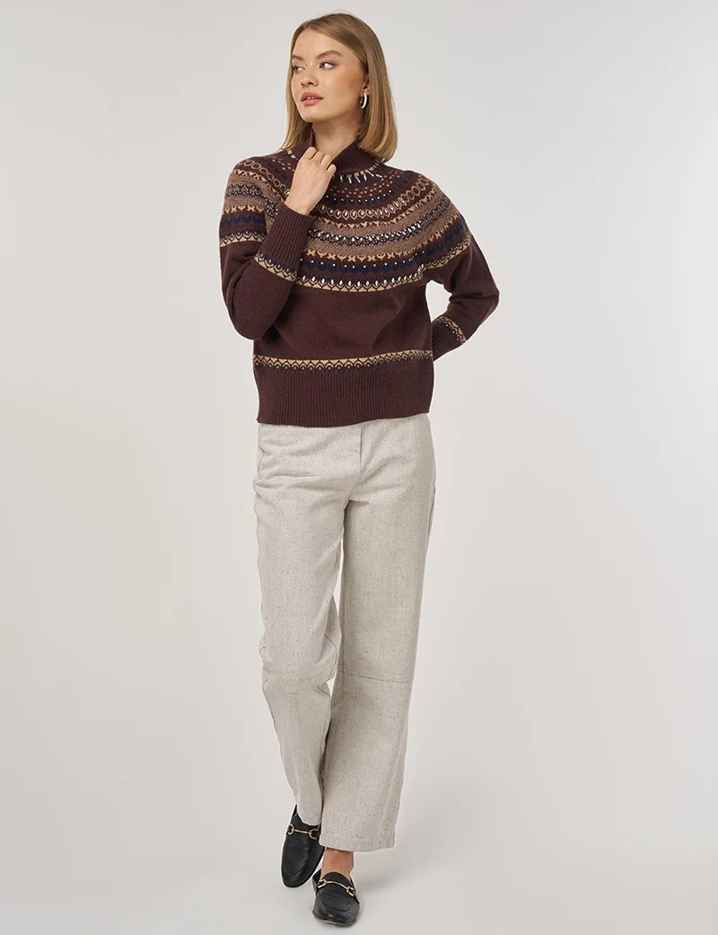 Kayra Patterned Turtleneck Sweater in Dark Coffee