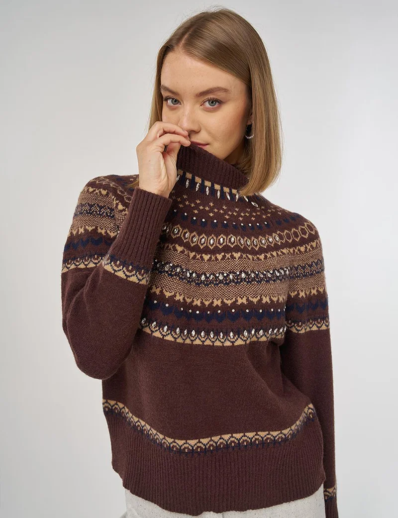 Kayra Patterned Turtleneck Sweater in Dark Coffee